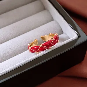 Vintage 24K gold plated pleated open ring with red enamel and diamond texture pattern