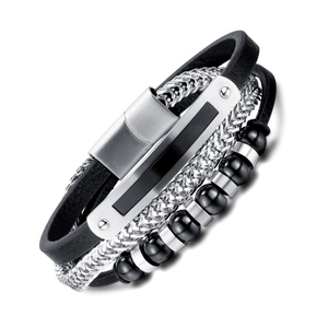 Men's multilayer braided leather bracelet with silver metal chains and magnetic clasp