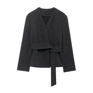 Women Elegant V-Neck Knit Jacket Solid Color Long Sleeve Belted Wrap Cardigan Casual Short Outerwear For Lady