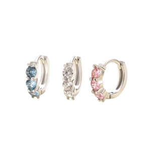 Minimalist silver copper hoop earrings with inlaid blue white and pink zircon crystals