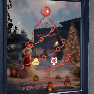 Christmas Window Sticker PVC Static Cling Red Christmas Tree Hand Drawn Design Glass Decal For Holiday Home Party Decor