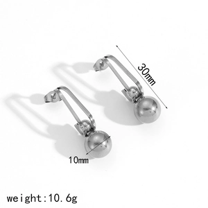 Detail view of silver stainless steel ball drop earrings with dimensions and weight info