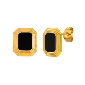 Art Deco gold plated square stud earrings with black onyx center and stepped texture