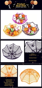 Detailed view of Halloween spider web candy baskets in purple, orange, and black plastic
