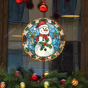 Stained glass style snowman window decal with red hat and winter holly decorations