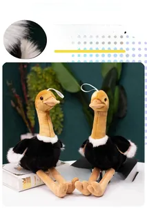 Close-up of soft ostrich plush toy texture and white hanging rope on bird doll