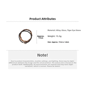 Detail view of tiger eye and pearl triple-layer bracelet with dimensions and weight specs
