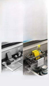 Kitchen sink organizer with towel bar and drainage rack for sponges and brushes