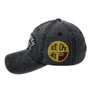 Vintage washed charcoal baseball cap with retro yellow round embroidery patch side view