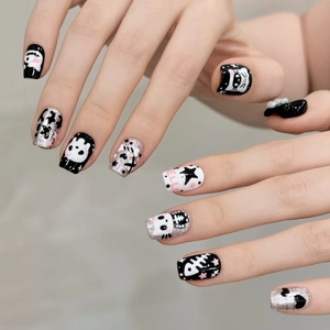 Handmade Dark Gothic Press On Nails Black Silver Glitter 3D Cat Skeleton Heart Design Full Cover False Nails Halloween