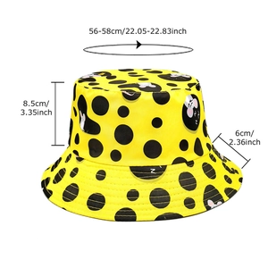 Yellow bucket hat with black polka dots and cartoon mouse pattern for sun protection