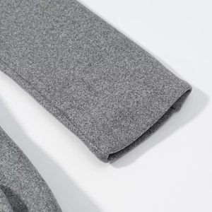 Close-up detail of grey wool blend overcoat sleeve featuring precise stitching and texture