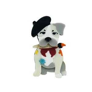 Cartoon French Bulldog acrylic brooch with colorful collage and artistic design