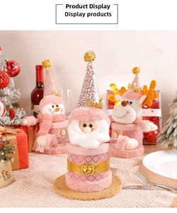 Detail view of plush Christmas candy jars featuring Santa, snowman and elk characters