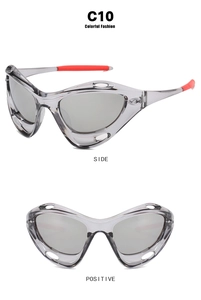 Detailed side and front views of Y2K sports sunglasses C10 with red non-slip temple tips