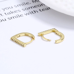 Minimalist D-shaped S925 sterling silver gold earrings with micro-paved zircons