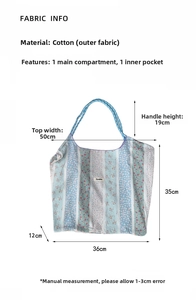 Detailed dimensions of the floral cotton tote bag with interior pocket specifications