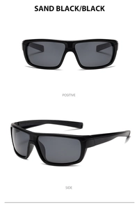 Polarized cycling sunglasses in sand black matte finish shown from front and side view