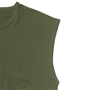 Close-up of olive green sleeveless top showing round neck stitching and knit fabric texture