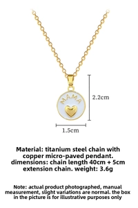 Detailed view of MAMA gold pendant showing dimensions 1.5cm by 2.2cm on titanium steel chain