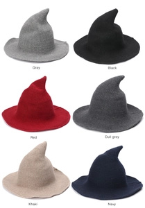 Detailed grid view of knitted witch hats in gray, black, red, khaki and navy colors