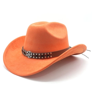 Detail of orange suede cowboy hat with brown leather band and vintage metal studs