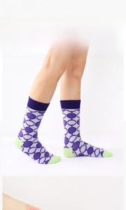 Detail of mid-calf socks with purple geometric chain pattern and neon green toe contrast
