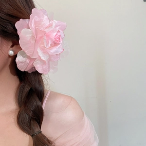 Seitenansicht eines Modells mit einer großen rosa Netzblumen-Haarspange in geflochtenem Haar