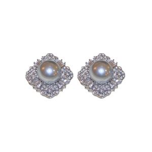 Luxury square rhodium plated stud earrings with grey pearl and shimmering crystals