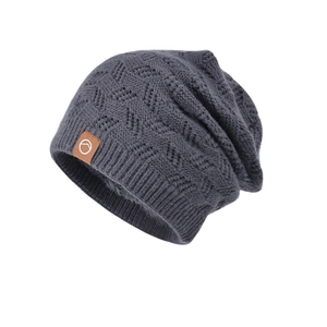 Winter thermal knit beanie in dark grey with wave texture and leather patch detail