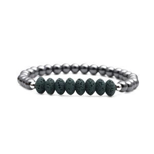 Detail of lava rock and hematite abacus beads on a stretch bracelet for men and women
