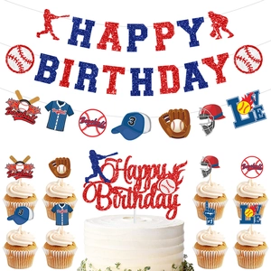 Baseball Theme Birthday Party Decoration Banner Cake Topper Glitter Paper Sports Style Supplies Event Celebration
