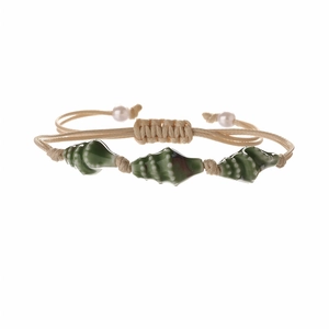 Bohemian ceramic conch shell bracelet with green beads and beige woven cord for women