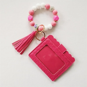 Rose pink PU leather card holder with silicone bead bracelet and tassel keychain set