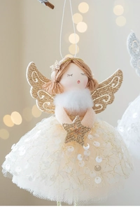 Detail of Christmas angel tree topper with champagne mesh skirt and golden sequins decor