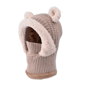 Kids warm winter knit hat with bear ears and fleece lining in beige and brown