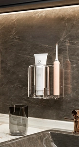 Close-up of wall-mounted PET toothbrush holder showing dust-proof slot and modern finish