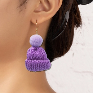 Handmade purple knitted mini hat earrings with cute fur pom pom and golden hooks