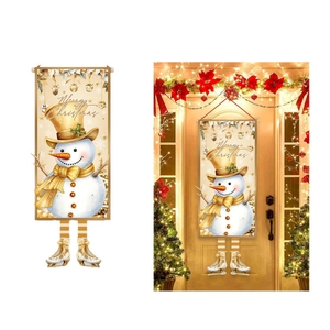 Golden Christmas door banner featuring snowman and skates hanging decoration for home