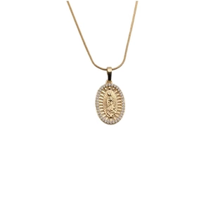 Gold oval Virgin Mary pendant necklace with cubic zirconia stones on snake chain