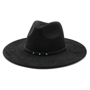 Classic black wide-brimmed suede hat featuring vintage turquoise rivet decorative band