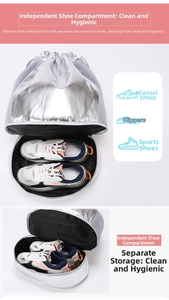 Silver fitness bag featuring a dedicated bottom zipper compartment for separate shoe storage