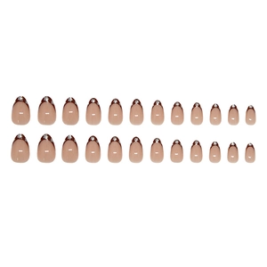Brown French press on nails with white floral patterns in almond shape, 24 pieces set