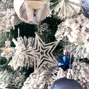 Close-up of silver textured ball and blue star ornaments hanging on snowy pine branches