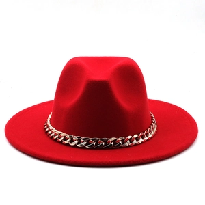 Red wool felt fedora hat with gold chain band for men and women in British style