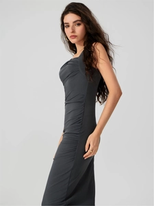 Elegant charcoal grey ribbed knit midi dress with stylish side ruching and slim fit design