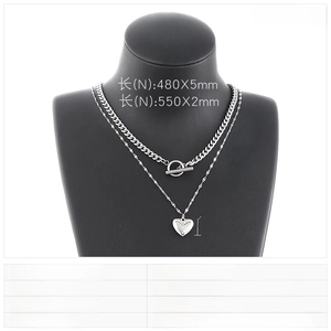 Double layer stainless steel necklace with curb chain heart pendant and OT clasp
