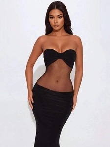 Sexy black tube top dress with mesh patchwork and sheer bodycon silhouette for women
