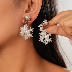 Sparkling Christmas deer and snowflake drop earrings with rhinestones and brown enamel