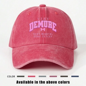 Pink washed cotton baseball cap with VERY DEMURE embroidery and multi-color options